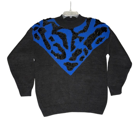 All Points by Reference Point Vintage Sequin Mock Neck Sweater Black Blue Large
